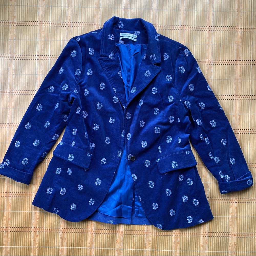 Urban Outfitters Royal Blue Corduroy Paisley Embroidered Blazer